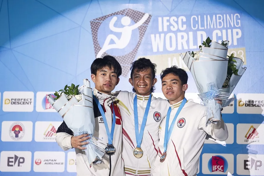 Indonesia berhasil mempersembahkan tiga medali saat mengikuti kejuaraan dunia panjat tebing IFSC Climbing World Cup Jakarta 2023