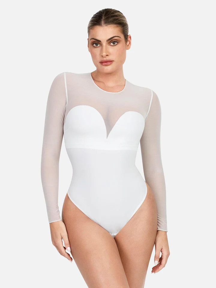 popilush sheer mesh shapewear long sleeve