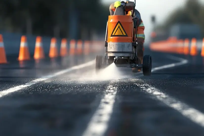 proses pengecatan marka jalan